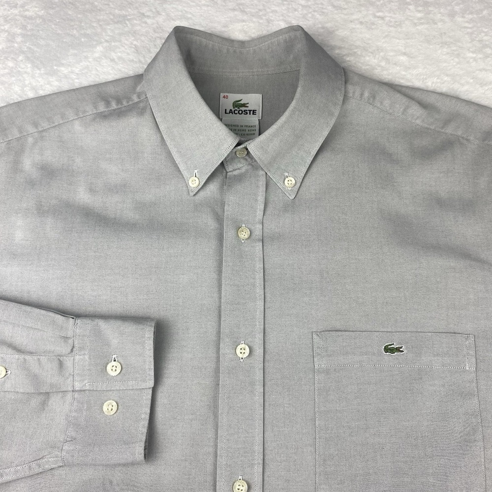 LACOSTE Shirt Mens 40 (Medium) Gray Regular Fit Long Sleeves